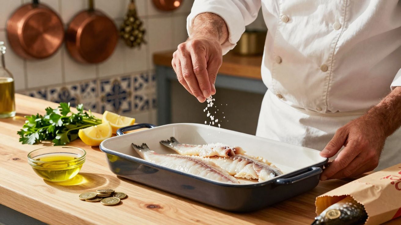 Mão de cozinheiro salpicando sal sobre peixe em assadeira, com azeite, limão e salsa ao lado na bancada.