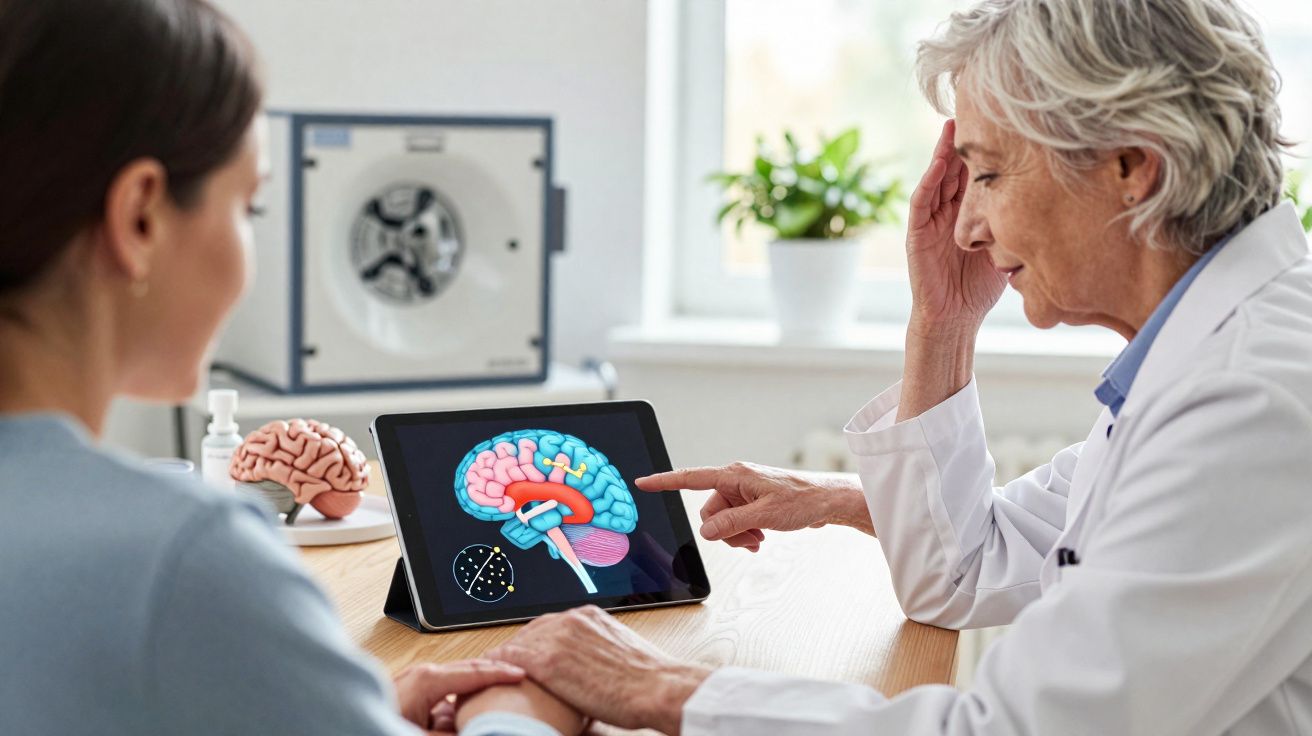 Médica explica estrutura do cérebro para paciente usando tablet em consultório iluminado.