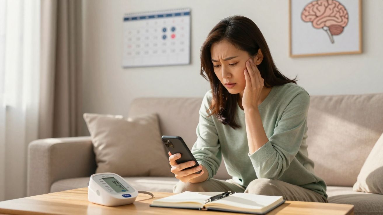 Mulher preocupada consultando celular sentada no sofá com aparelho de pressão e caderno sobre a mesa.