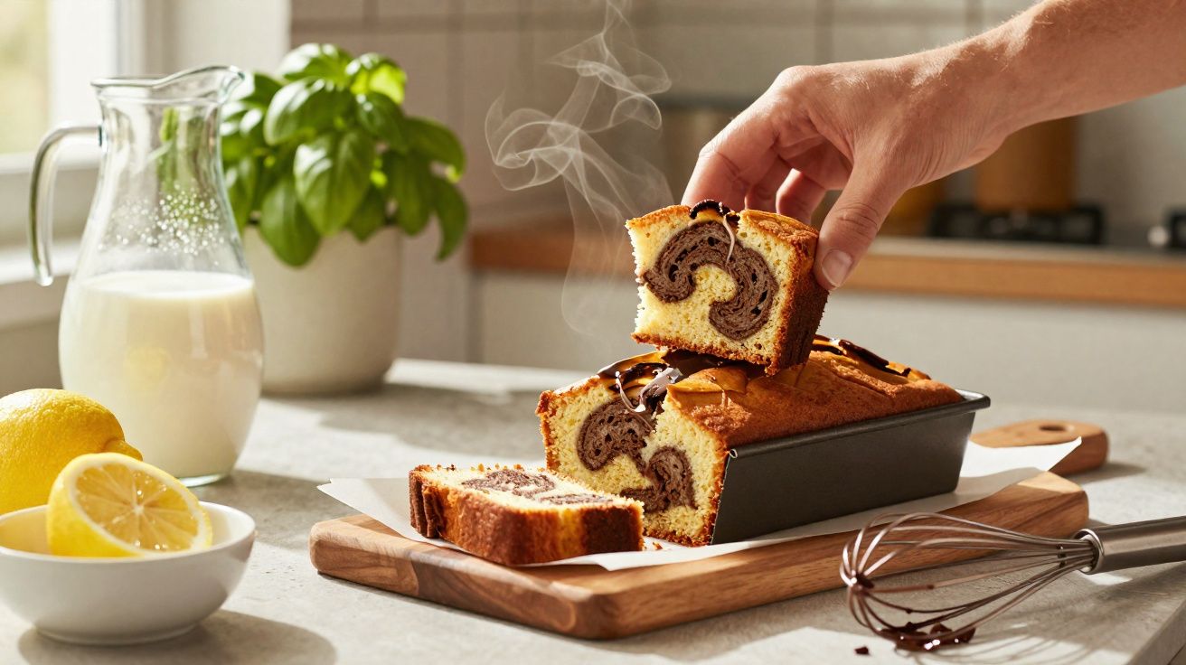 Bolo caseiro de baunilha com recheio de chocolate sendo servido, ao lado leite, limão e batedor.