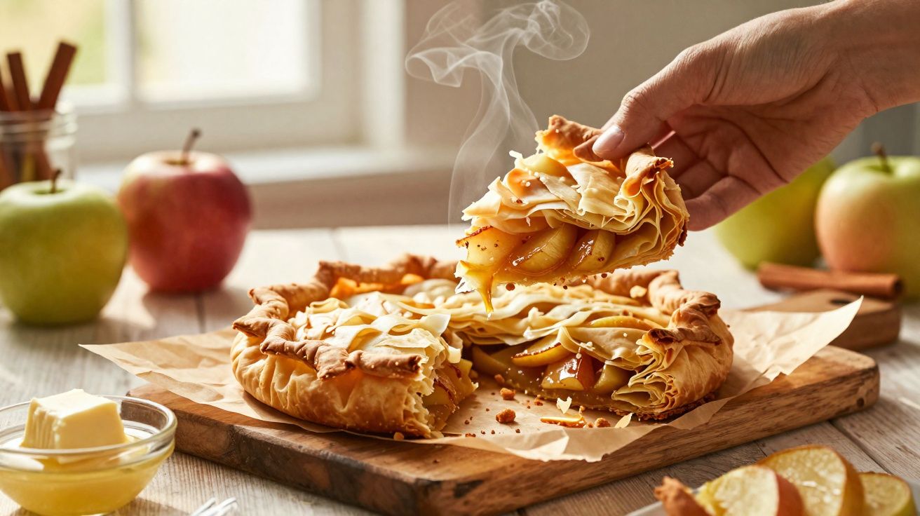 Mão segurando fatia quente de torta de maçã com vapor, sobre tábua de madeira e frutas ao fundo.