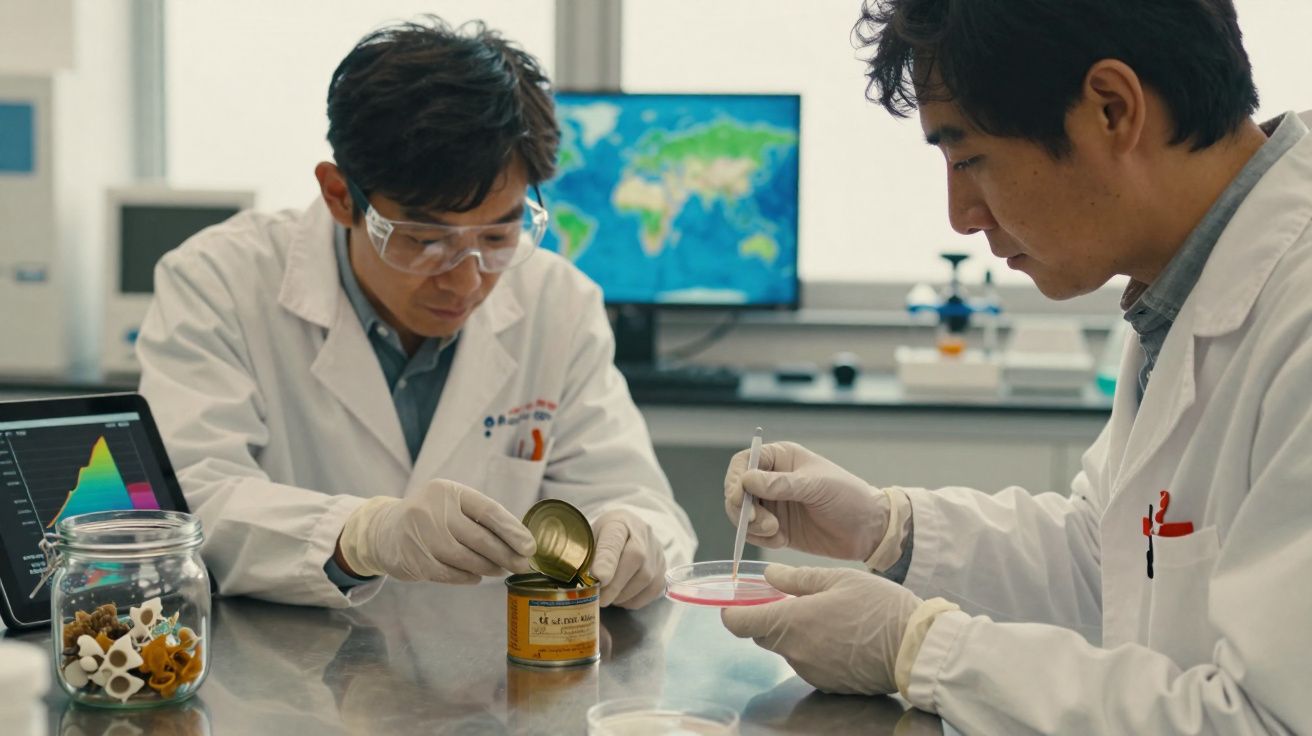 Dois cientistas asiáticos em laboratório, um abrindo uma lata e o outro manipulando uma placa de petri.