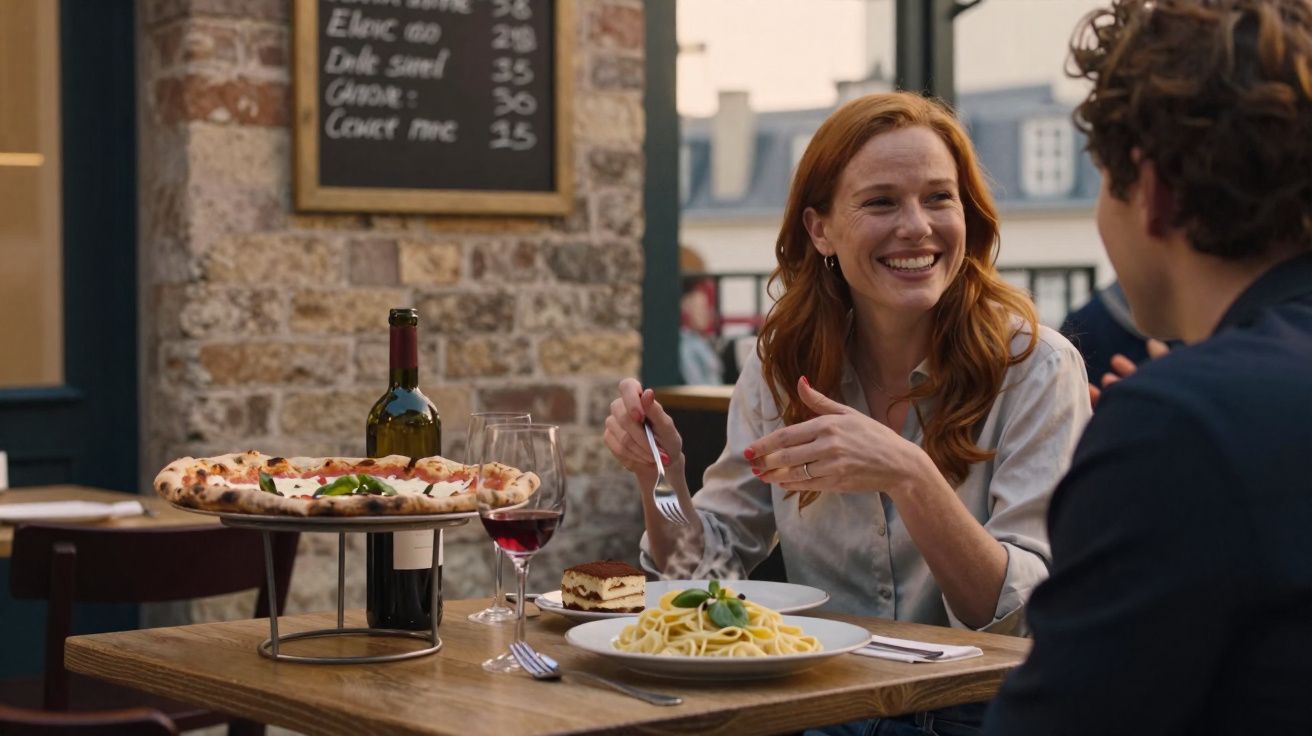 Casal sorrindo durante jantar com pizza, espaguete e vinho em restaurante aconchegante.