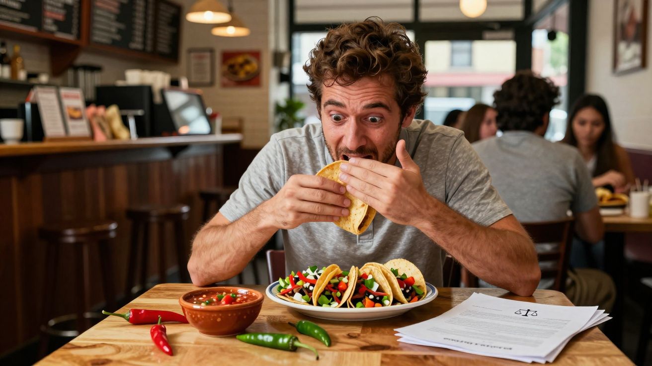 Homem com expressão animada segurando um taco de comida mexicana em restaurante casual.