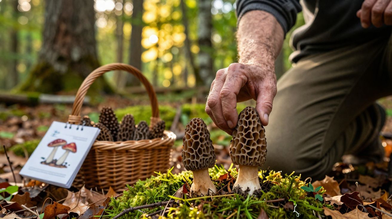 Pessoa colhendo cogumelos morel em floresta com cesta e bloco de notas com desenho de cogumelos ao fundo.