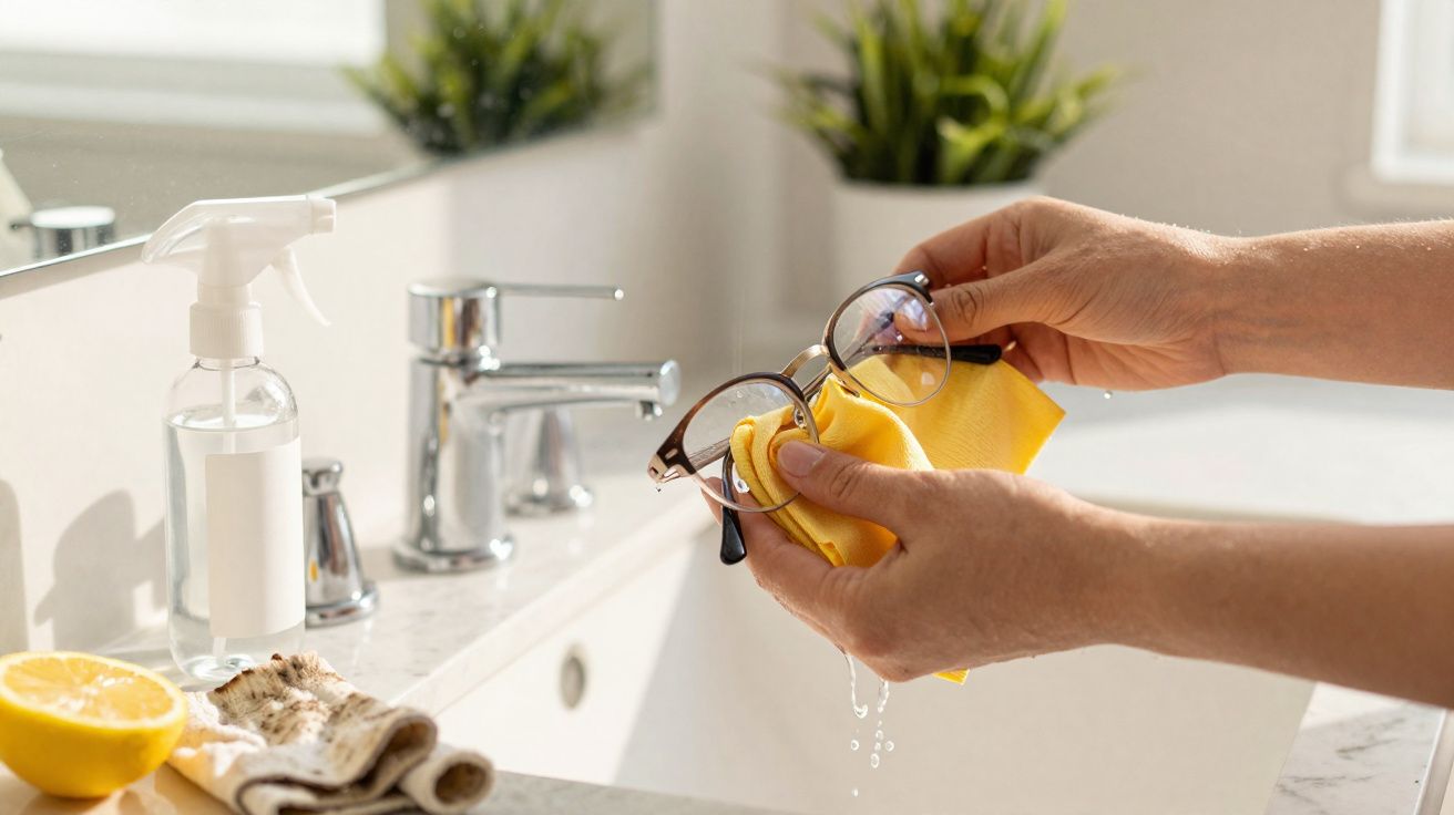 Mãos limpando óculos com pano amarelo sobre pia branca, com plantas e spray ao fundo.