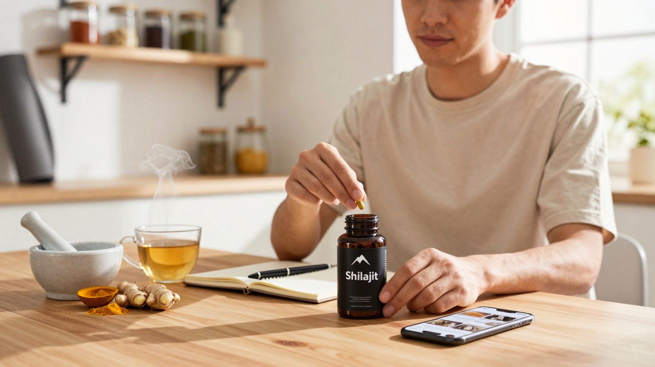 Pessoa em cozinha pegando cápsula de suplemento Shilajit, com chá, gengibre e celular sobre mesa de madeira.
