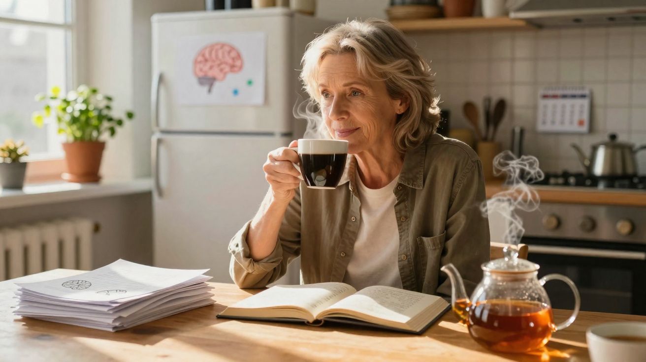 Mulher madura tomando café junto a chá e livros em cozinha iluminada por luz natural.