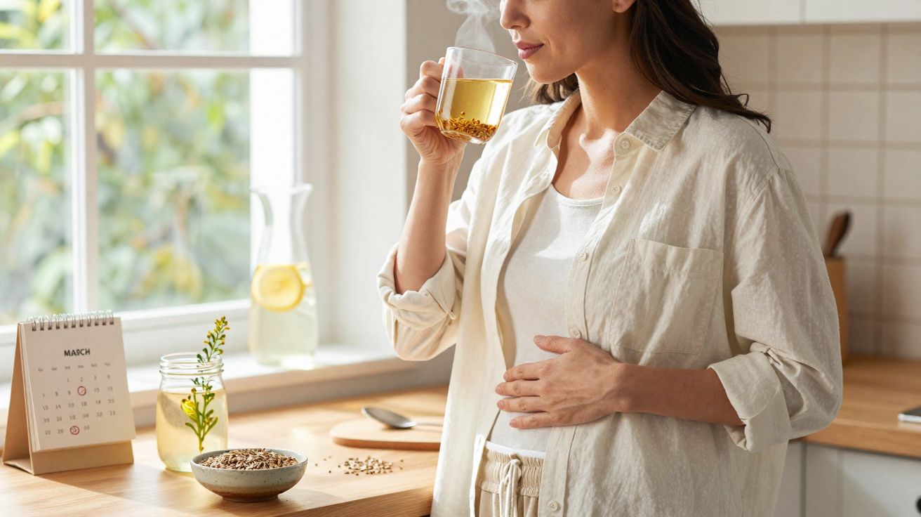 Mulher grávida tomando chá quente na cozinha, segurando a barriga e um copo transparente.