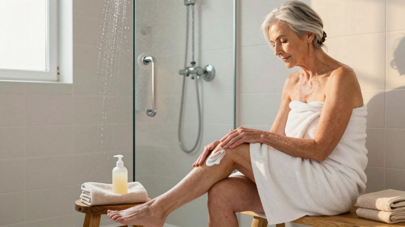 Mulher idosa com toalha branca aplicando creme nas pernas em banheiro iluminado.