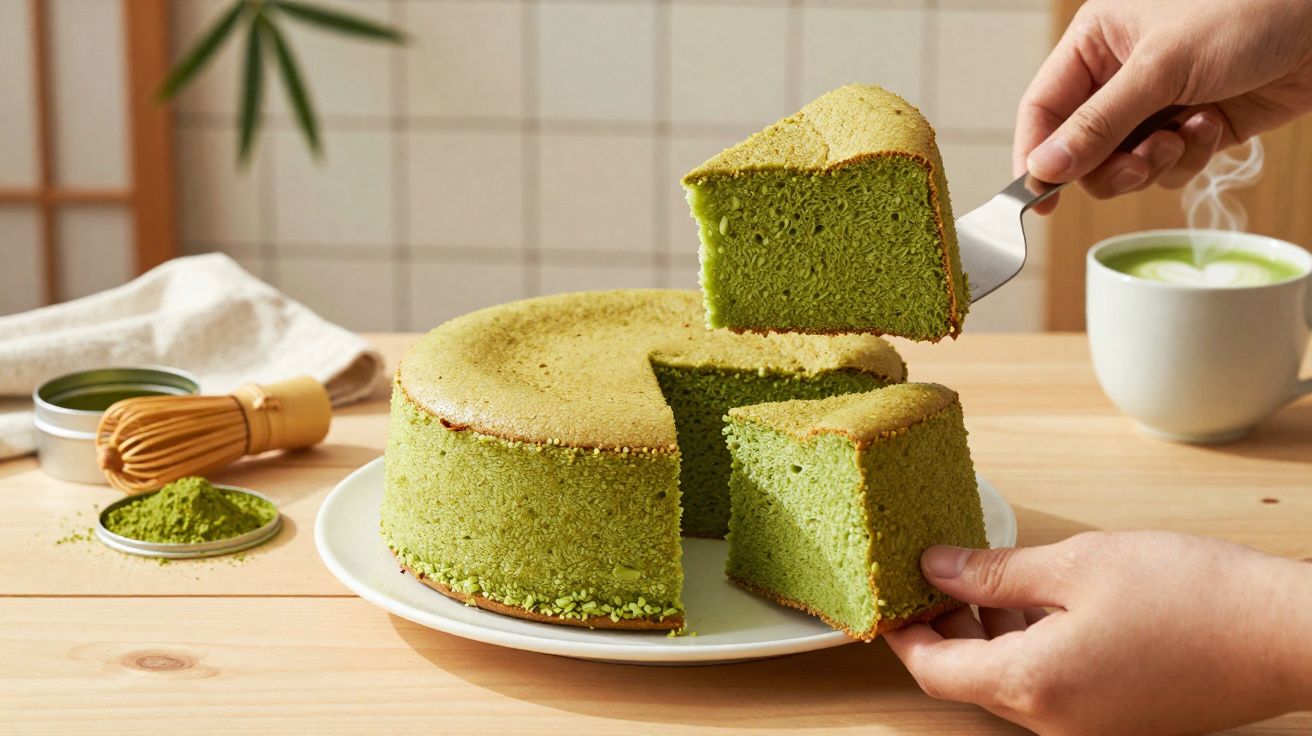 Bolo verde de chá matcha em prato branco com duas fatias sendo servidas sobre mesa de madeira clara.