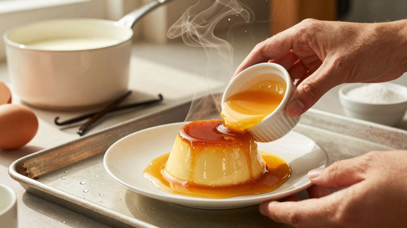 Pessoa despejando calda quente sobre pudim cremoso servido em um prato branco, em bandeja metálica.