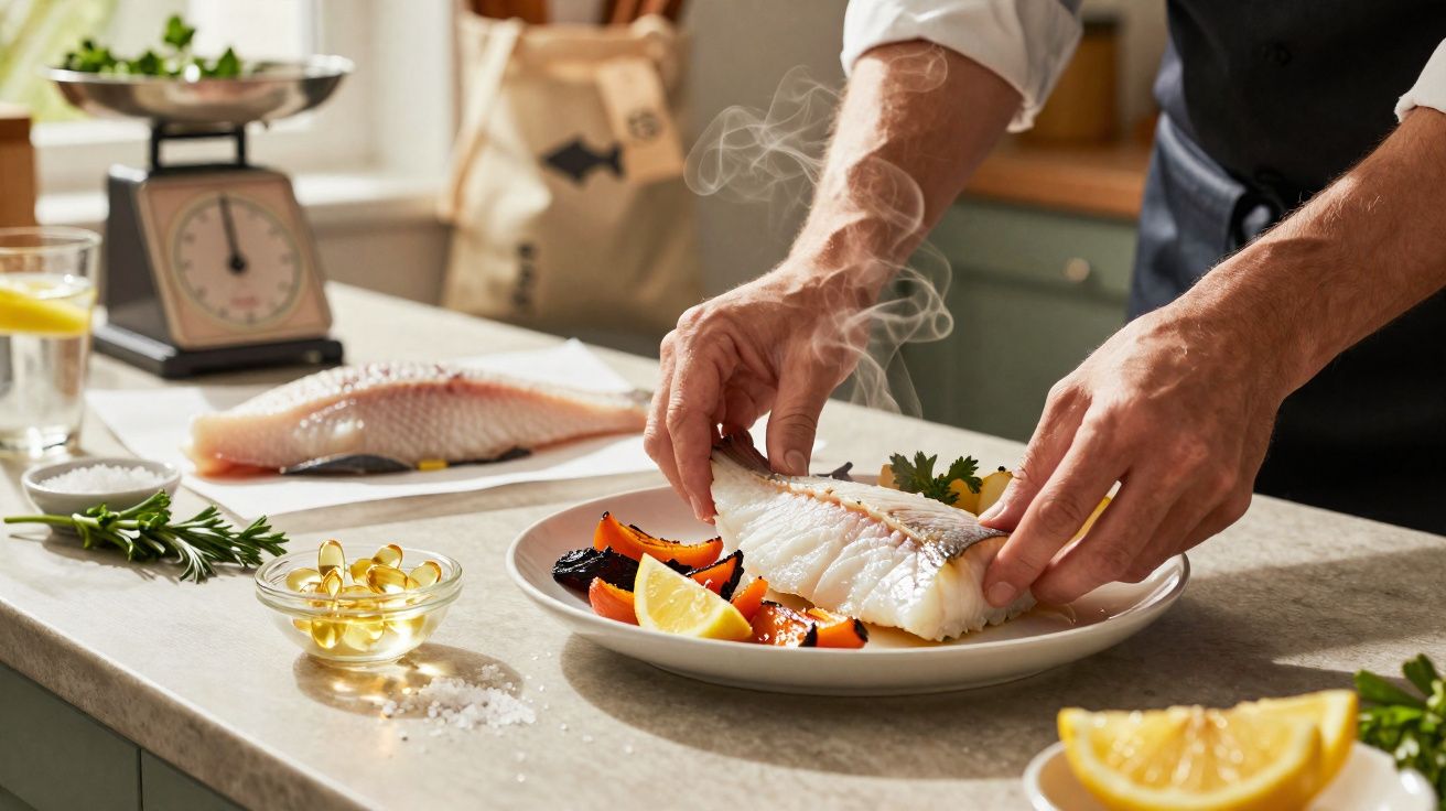 Pessoa dispondo filé de peixe quente em um prato com legumes assados e ervas frescas na cozinha.