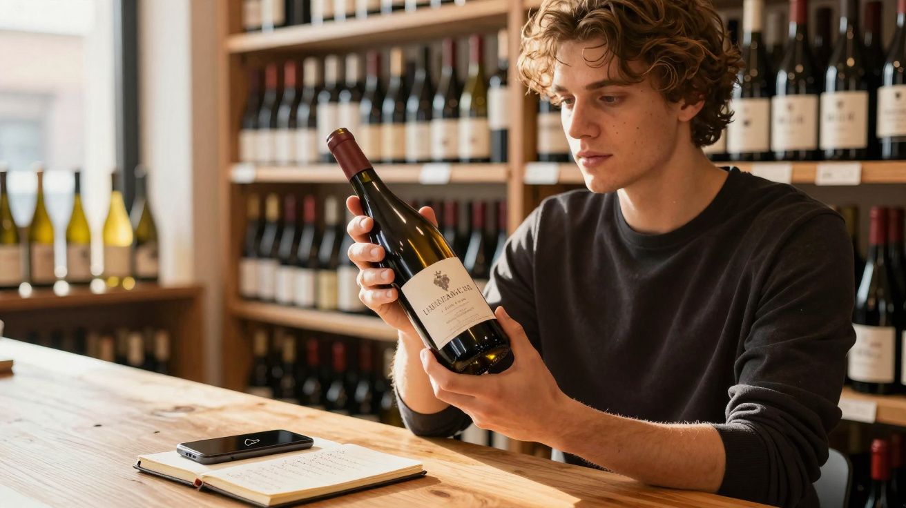 Homem jovem examinando rótulo de garrafa de vinho em loja com prateleiras cheias ao fundo.