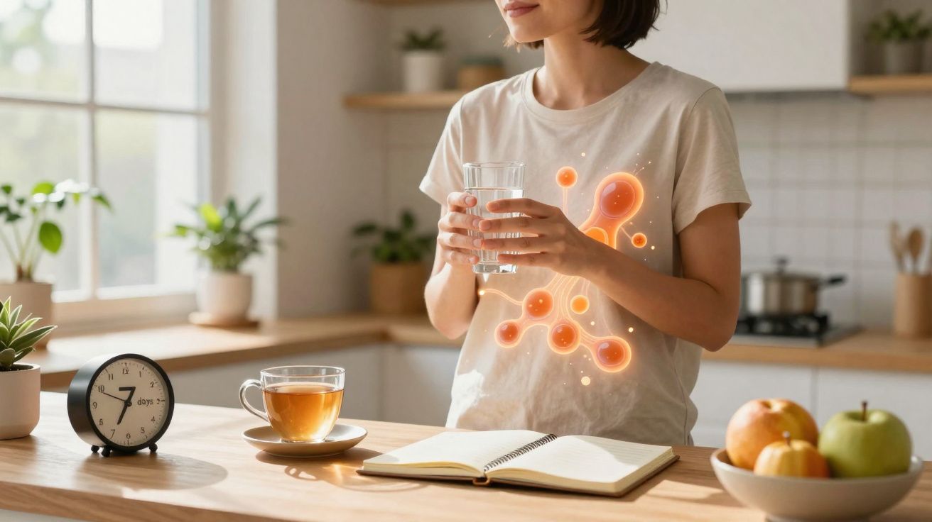 Mulher em cozinha segurando copo d'água, com ilustração de sistema digestivo sobre corpo.