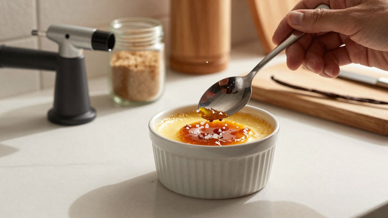 Mão segurando colher caramelizando a superfície de creme brûlée em ramequim branco sobre bancada.