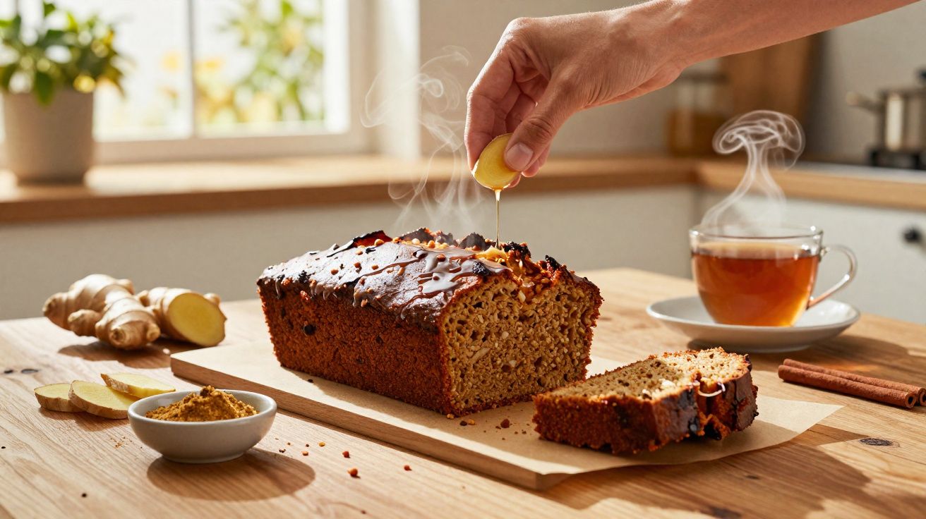 Mão espremendo limão sobre bolo de gengibre em fatia, com chá quente e temperos na cozinha.
