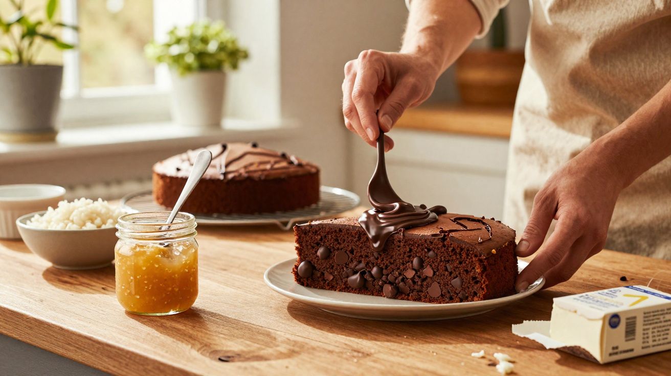 Pessoa colocando cobertura de chocolate em bolo de chocolate com gotas na bancada de madeira na cozinha.