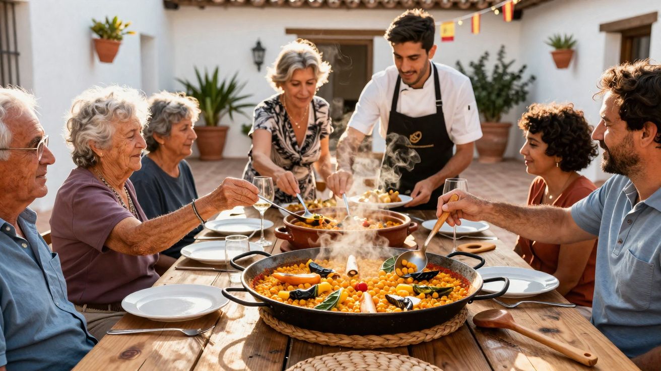 Família reunida ao ar livre servindo paella quente em uma mesa de madeira em um almoço ensolarado.