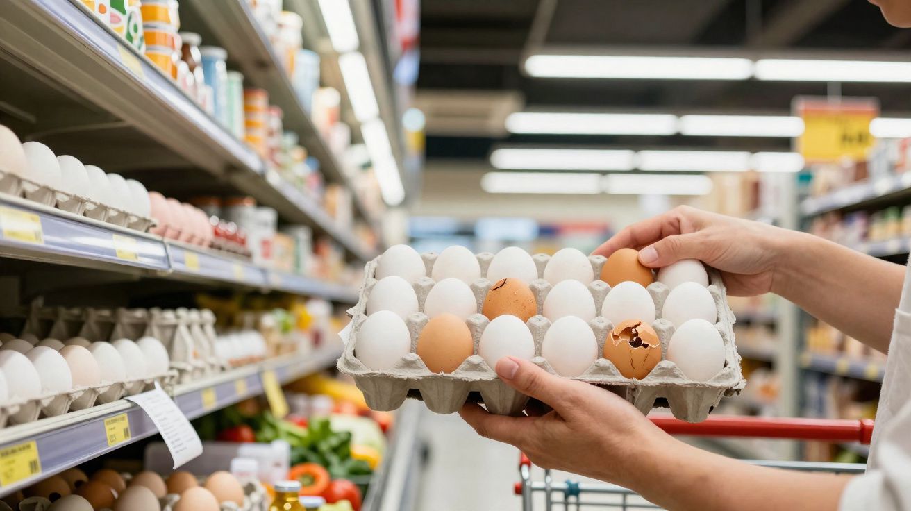Pessoa segurando caixa com ovos brancos e marrons, um deles quebrado, em corredor de supermercado.