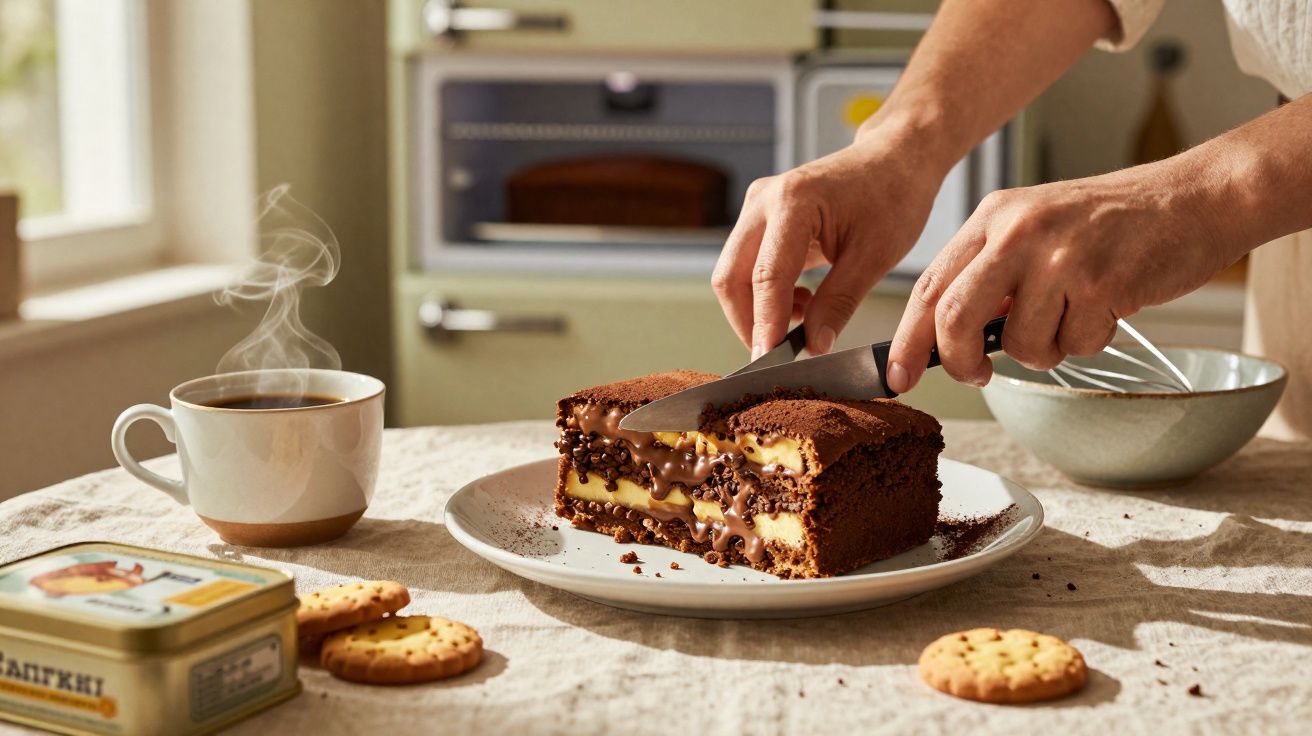 Pessoa cortando bolo de chocolate recheado com doce de leite em cozinha iluminada, ao lado de xícara de café e biscoitos.