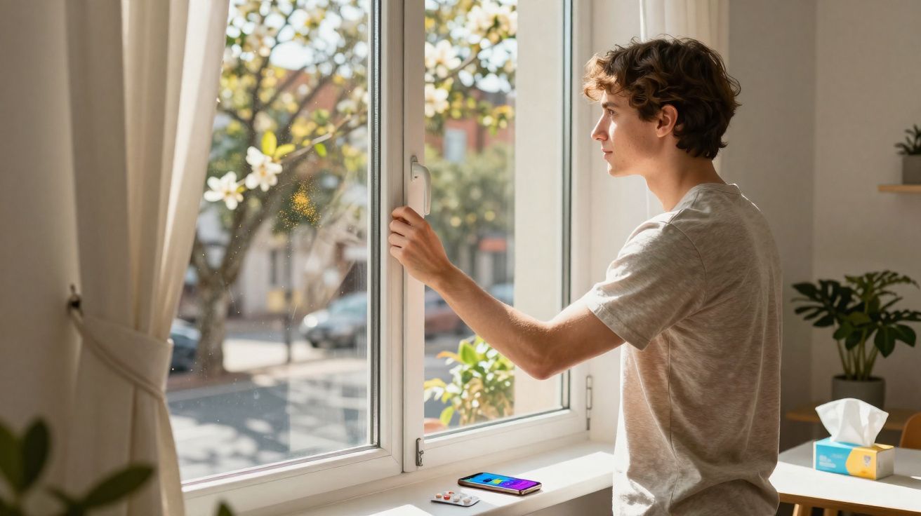 Jovem abrindo janela em ambiente iluminado, com celular, remédios e plantas ao redor.