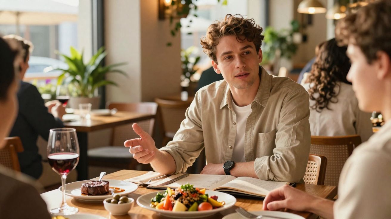 Homem expressivo conversa em restaurante com comida e vinho sobre a mesa em ambiente iluminado e casual.
