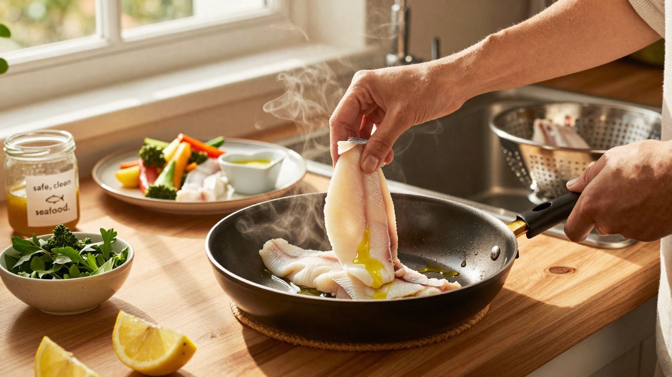 Pessoa colocando filé de peixe para fritar em frigideira, com legumes e ervas frescas na bancada da cozinha.