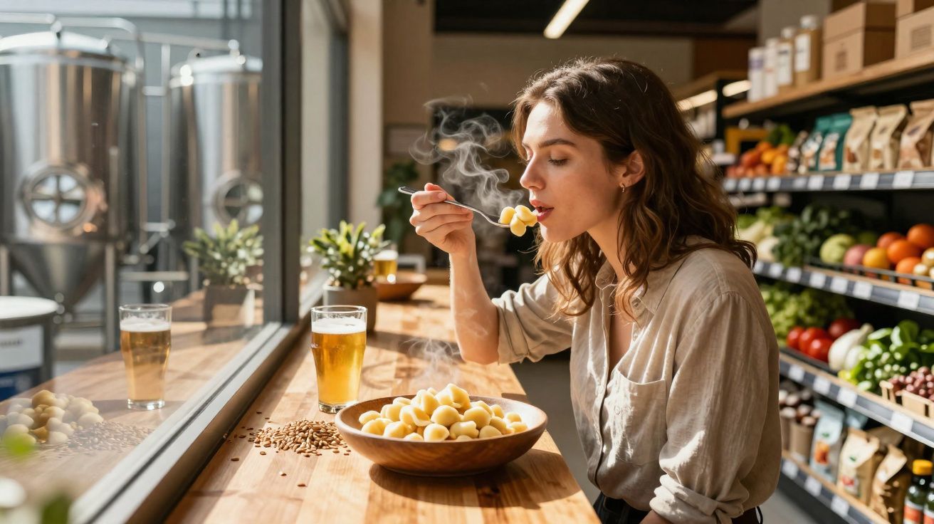 Jovem mulher comendo massa quente em restaurante casual perto de janelas, ao lado de copo de cerveja.