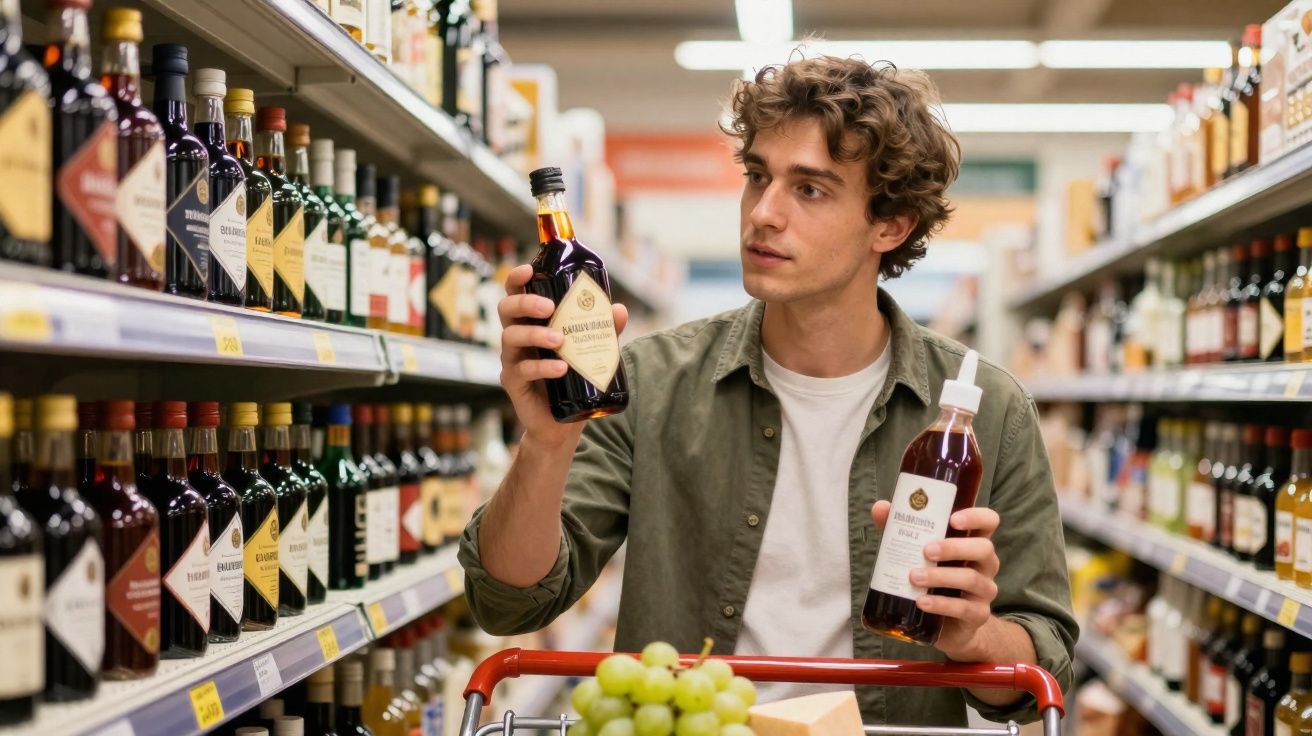 Jovem em supermercado comparando duas garrafas de bebida alcoólica na prateleira de bebidas.