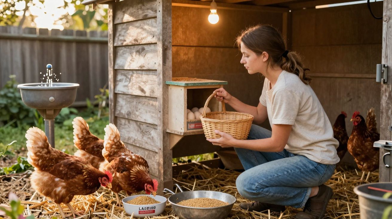 Mulher coletando ovos em galinheiro enquanto galinhas comem ração em ambiente rural.