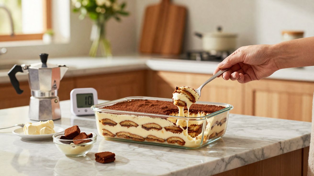Mão pegando colherada de tiramisu em travessa de vidro sobre bancada de mármore em cozinha iluminada.
