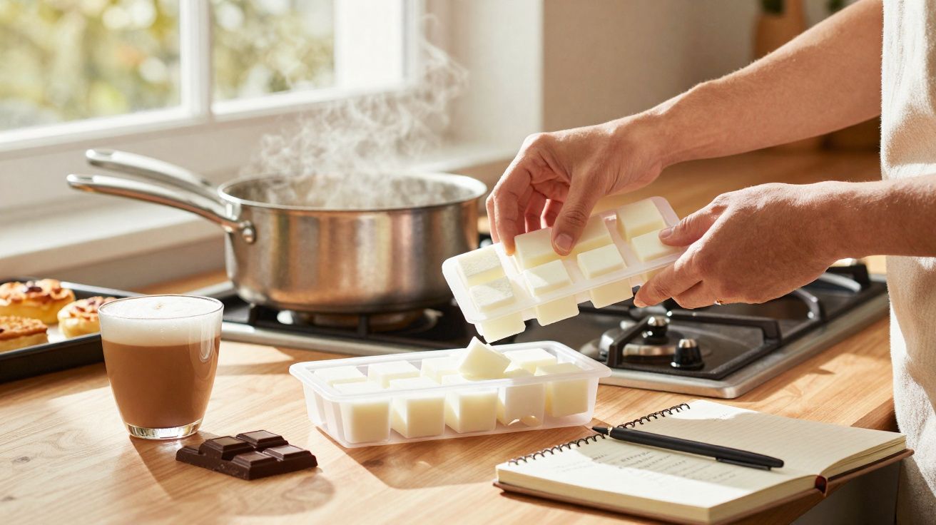 Mãos transferindo cubos brancos, panela com vapor, chocolate e café em bancada de cozinha iluminada.