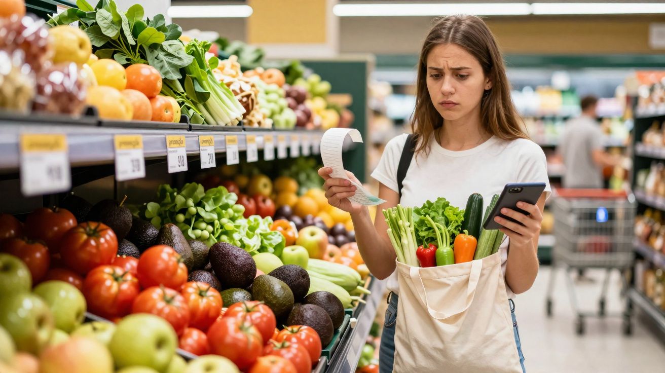 Mulher com expressão preocupada conferindo lista de compras no supermercado, segura sacola com vegetais.