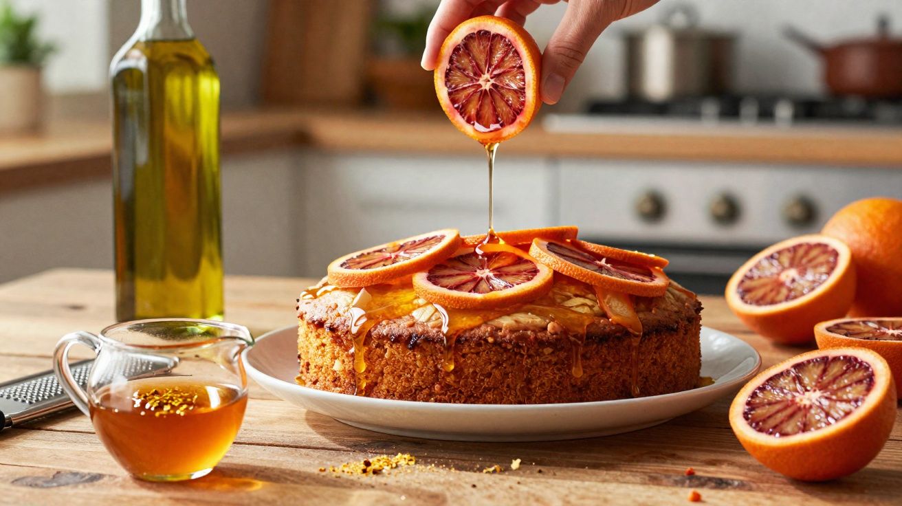 Bolo decorado com fatias de laranja sanguínea sendo regado com mel em prato branco na cozinha.
