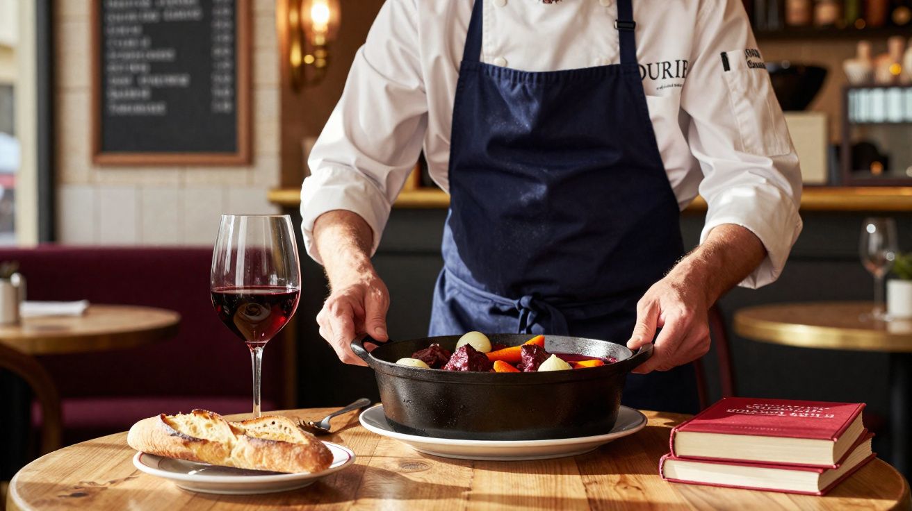Chef com avental azul segurando panela com guisado, ao lado de taça de vinho e pão em mesa de restaurante