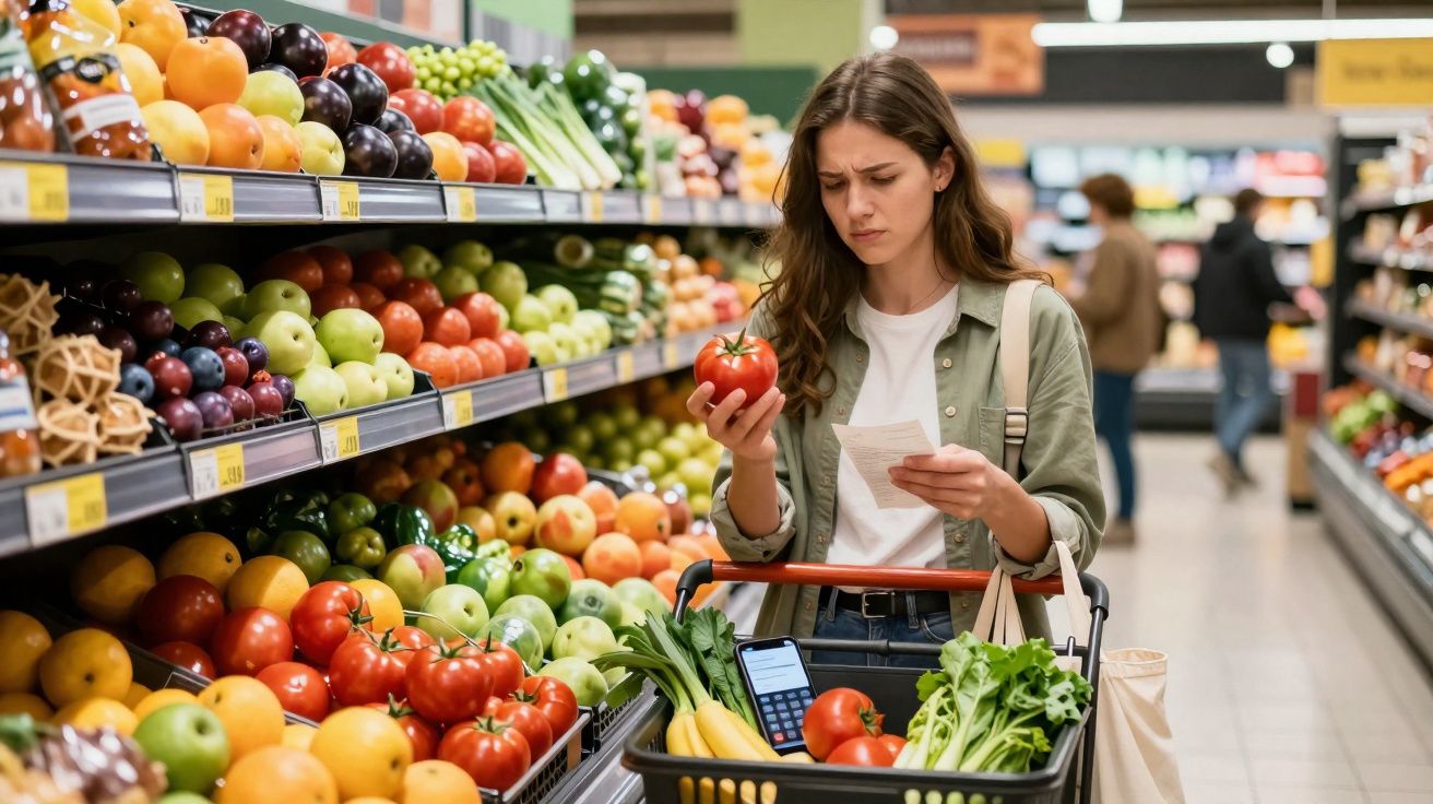 Mulher olhando lista de compras enquanto segura um tomate no corredor de frutas e verduras do supermercado.