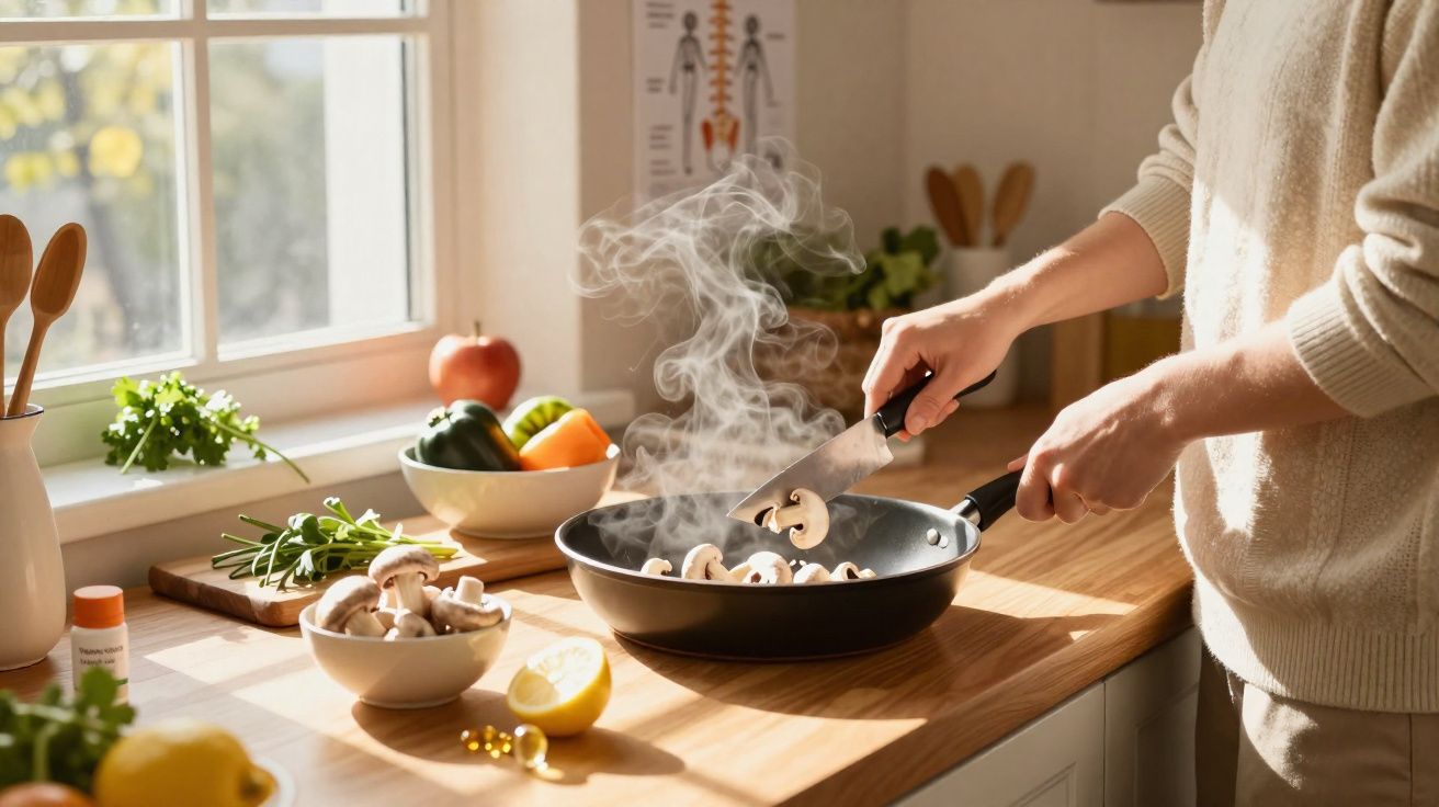 Pessoa cozinhando cogumelos em frigideira com vegetais e frutas sobre bancada de madeira iluminada.