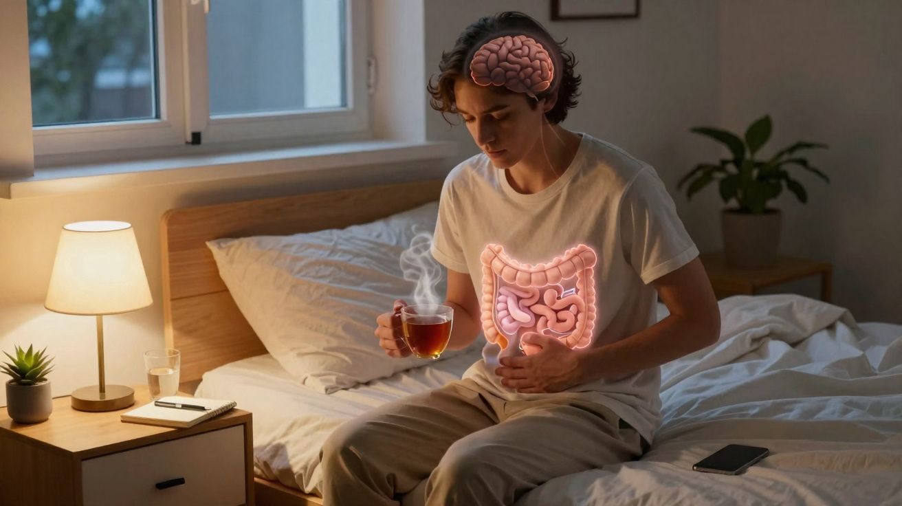 Pessoa sentada na cama segurando chá quente, com ilustrações do cérebro e intestinos destacadas no corpo.