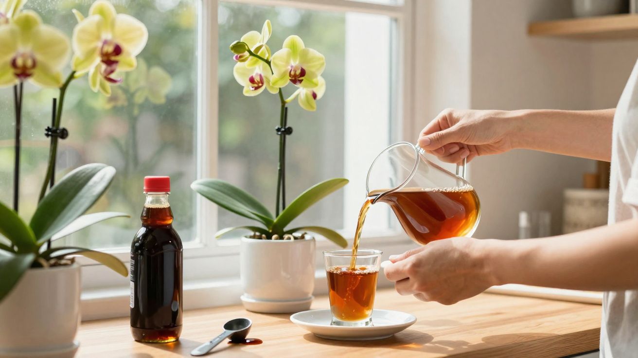 Pessoa servindo chá em copo transparente em cozinha com orquídeas amarelas na janela.