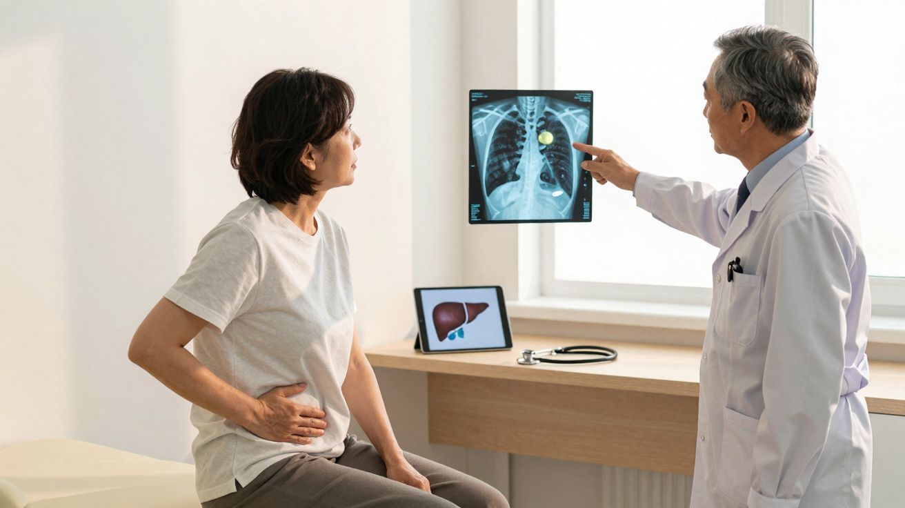 Médico aponta radiografia de tórax para paciente mulher que segura o lado do abdômen em consulta.