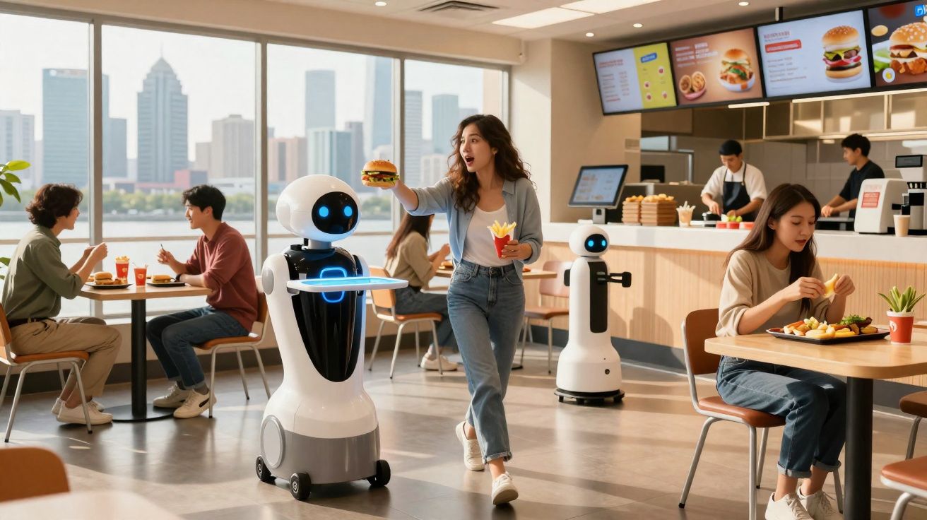 Mulher recebe hambúrguer de robô em restaurante futurista com clientes e funcionários ao fundo.