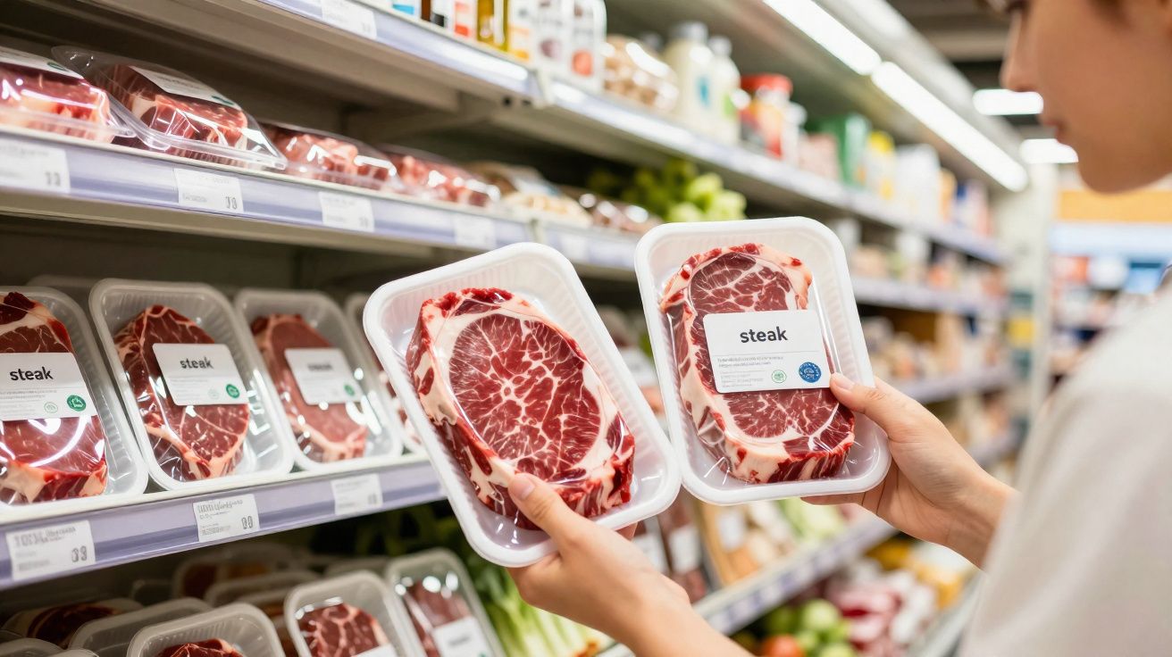 Pessoa segurando dois pacotes de carne bovina embalados em açougue do supermercado.