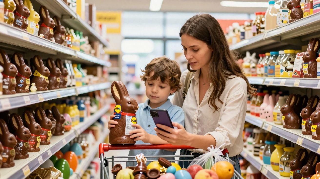 Mulher e criança no supermercado escolhem coelho de chocolate na seção de Páscoa.
