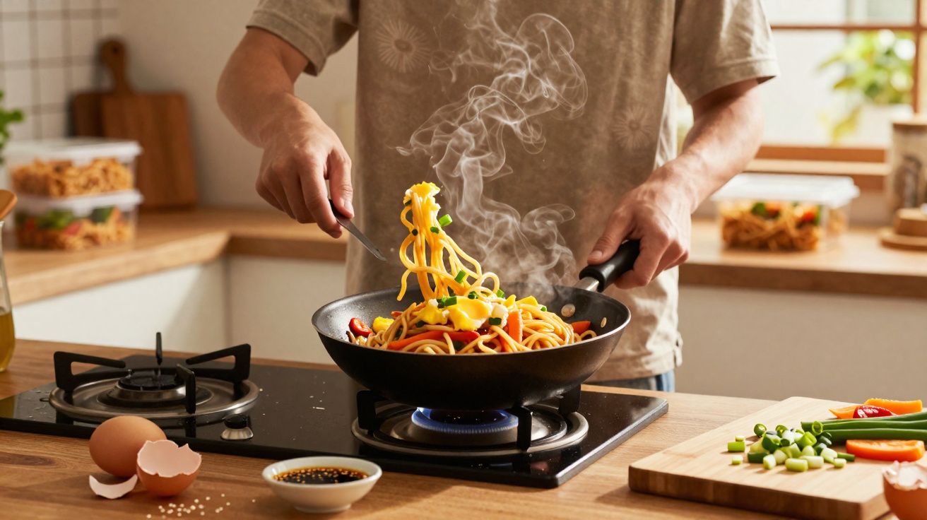 Pessoa cozinhando macarrão com legumes em frigideira sobre fogão a gás em cozinha iluminada.