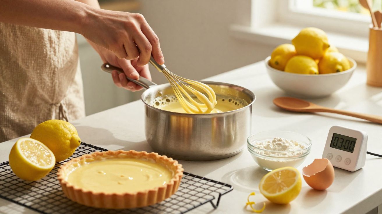 Pessoa mexendo creme amarelo em panela, com limões, ovos e torta de limão na bancada branca.