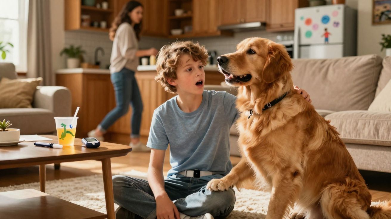 Menino sentado no chão acariciando um cachorro golden retriever na sala de estar com mulher ao fundo.