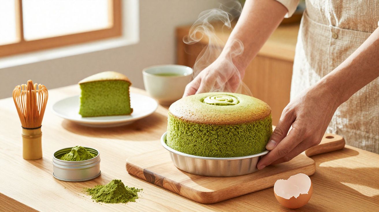 Bolo verde recém-assado com vapor, fatia cortada, pó de chá verde e utensílios de cozinha sobre mesa.