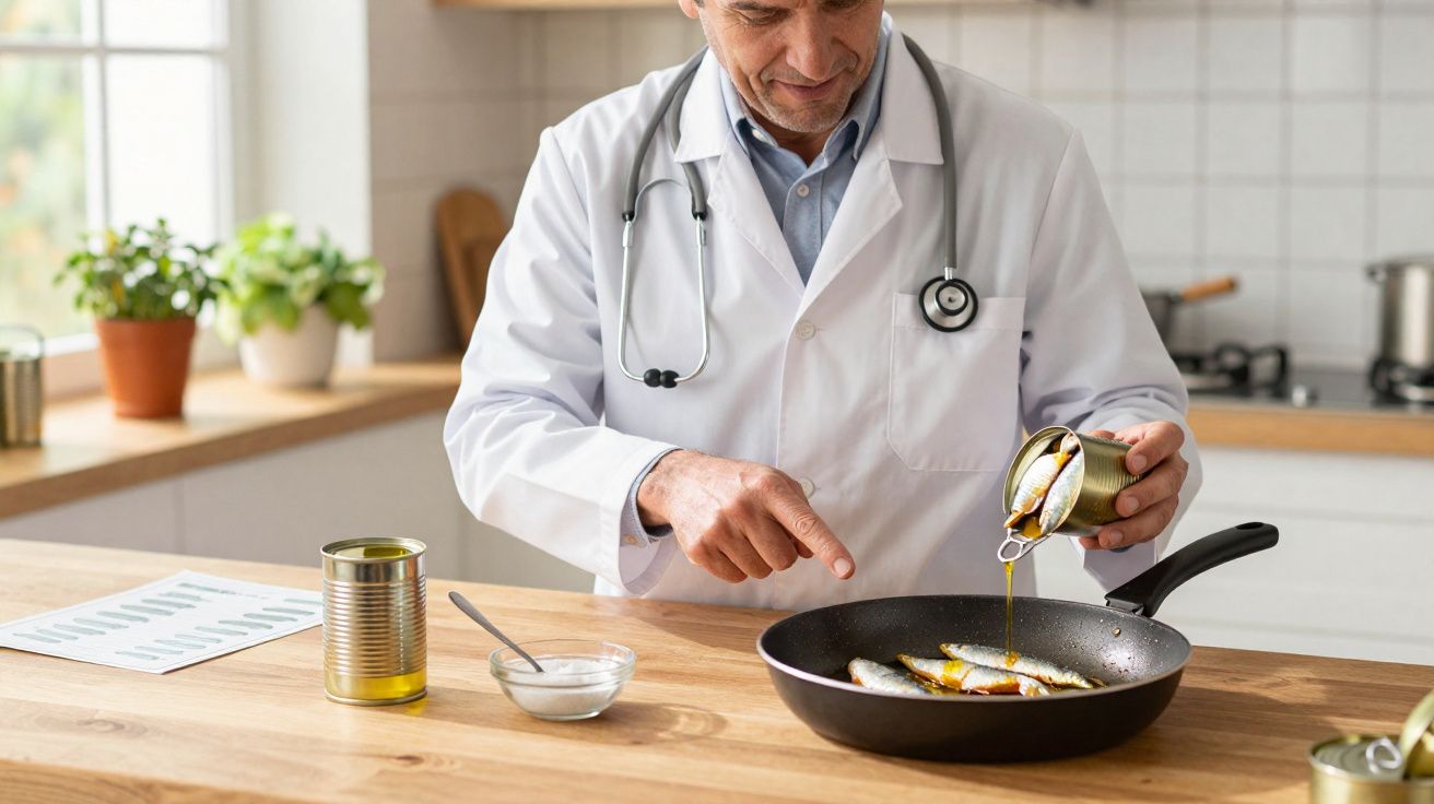 Médico com jaleco branco e estetoscópio adiciona óleo de peixe sardinhas na frigideira em cozinha iluminada.