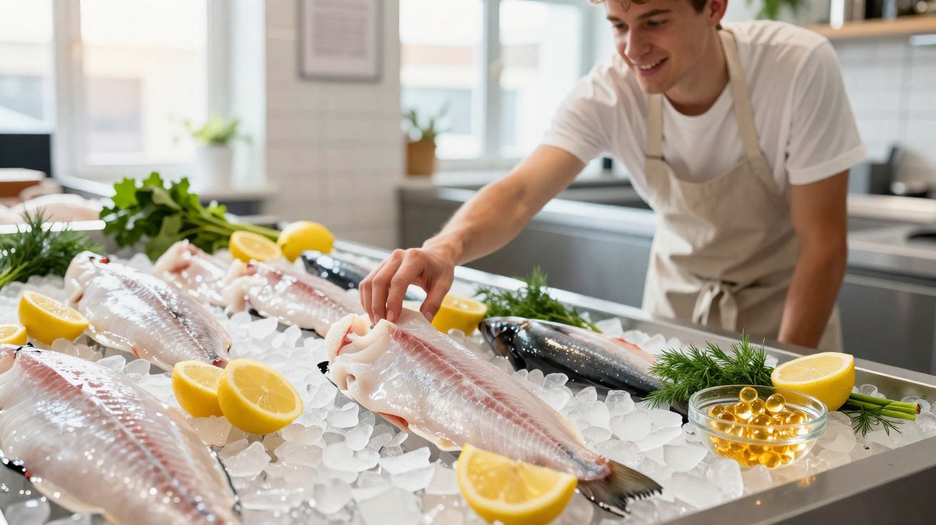 Homem seleciona filé de peixe fresco em balcão com gelo, limões e ervas em peixaria.
